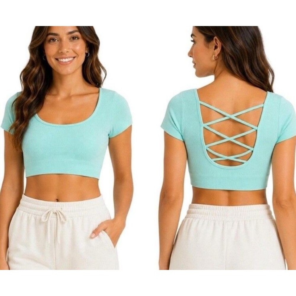 Aerie Womens Ribbed Crop Top Size S Strappy Back Blue Green Short Sleeves Active